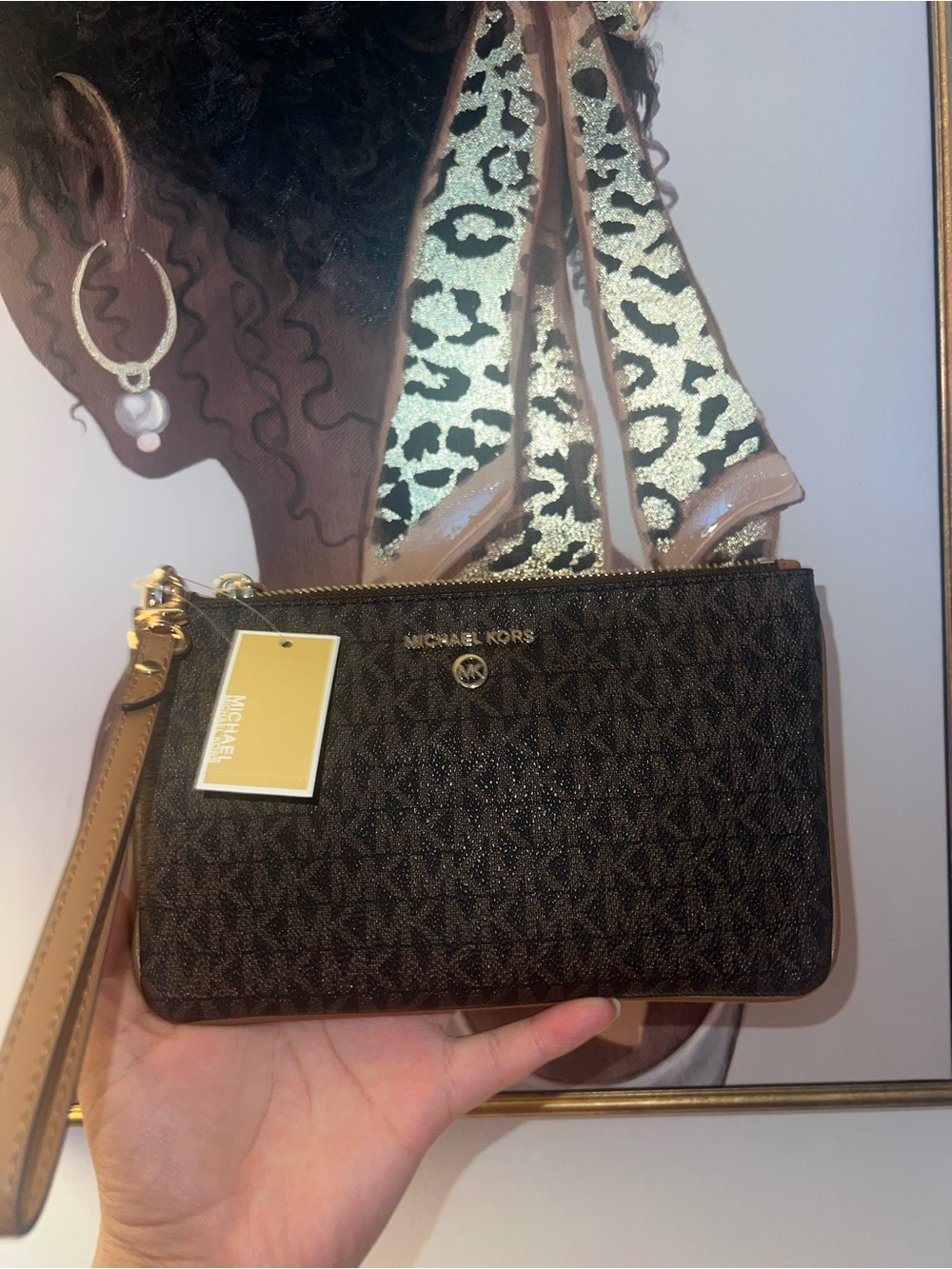 Michael Kors Brown Logo Wristlet with Tan Trim